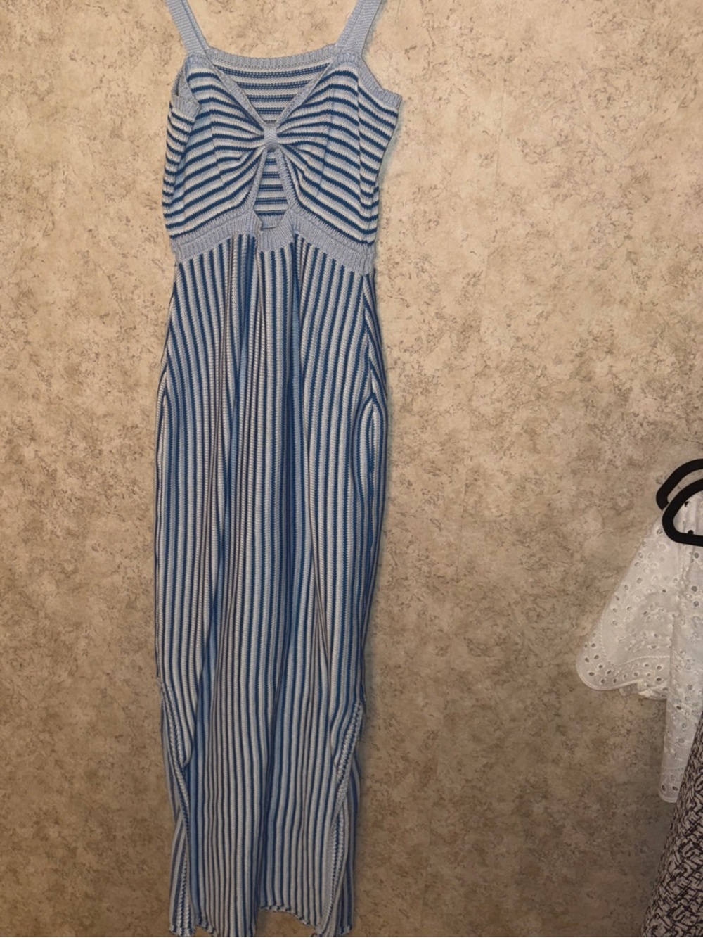 Blue and White Striped Knit Maxi Dress